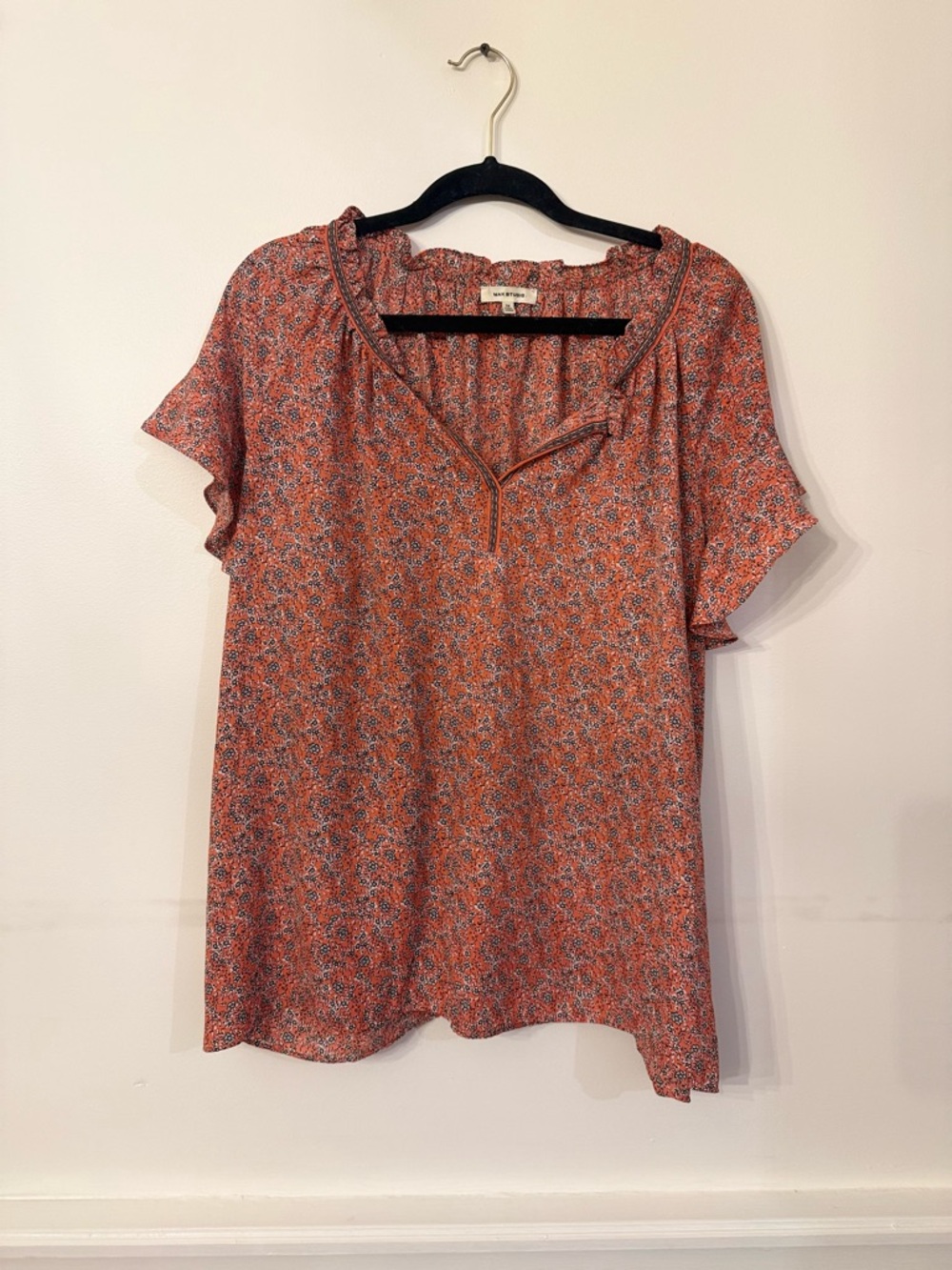 Max Studio Coral Floral Ruffled Neck Short Sleeve Blouse